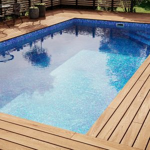 Pool 3,0 x 6,0 meter med hörn trappa vänster och mönstrad liner